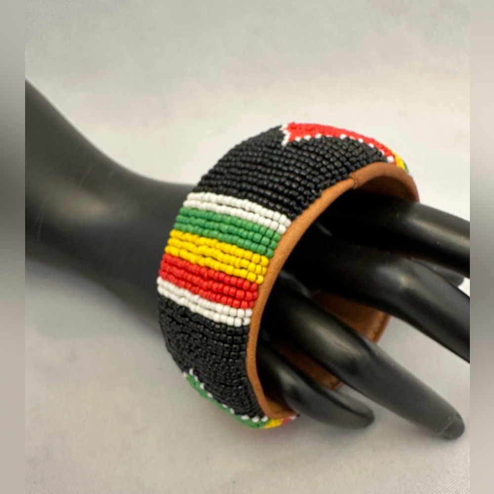 African tribal seed bead bracelet with leather inside
